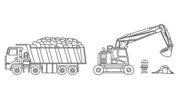 Hand drawn Vector illustration color children construction site with excavator dump truck carrying rocks and construction worker clipart