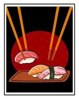 Sushi roll set with conceptual background and chopsticks. Octopus, raw tuna and prawn nigiri sushi. vector