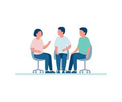 Meet of team of people for talk, conversation, communication, discussion, business relationship. Discuss problems together, exchange opinions of team worker. Support group, therapy. Vector