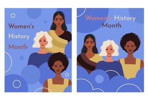 conjunto de De las mujeres historia mes tarjetas joven De las mujeres de diferente nacionalidades feminismo, mujer empoderamiento, diversidad, género igualdad concepto. vector ilustración para bandera, social medios de comunicación correo, póster