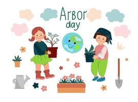 Arbor day. Children standing under a blooming tree preparing to plant saplings .Vector doodle cartoon illustration. vector