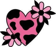 Groovy heart sticker with cow pattern and flowers pink and black color, y2k vector illustration