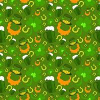 Seamless pattern of St. Patrick's Day with leprechaun hat, pot of gold, leprechaun boots and clover leaf elements on white background. Perfect for wallpaper, holiday greeting cards, gift paper. vector