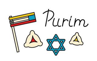 Happy Purim colorful set elements. Gragger, star of David, hamantash for Jewish holiday Purim. Template, banner, card isolated on white background. Hand drawn doodle vector illustration.