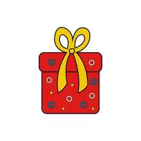 Purim gift template. Traditional red present box with yellow bow-knot and jewish pattern for holiday. Outline icon isolated on white background. Hand drawn doodle vector illustration.