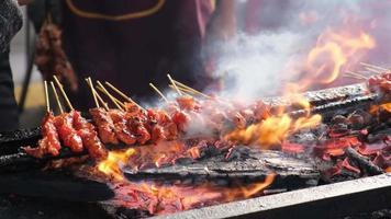 Selezionare messa a fuoco il ardente carbone di grigliato pollo satay video