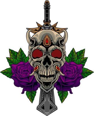 vector skull head with rose flower