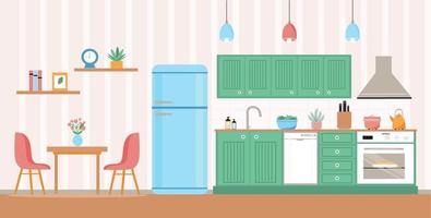 Kitchen interior with fridge, table, chairs, cupboards, stove, dishwasher. Vector illustration. Flat style.