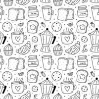 Cute seamless pattern with breakfast food - coffee, tea, toasts, jam, croissant, cookies and cupcakes. Vector hand-drawn doodle illustration. Perfect for print, wrapping paper, wallpaper.