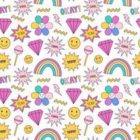 Bright seamless pattern in the style of the 90s. Colorful rainbows, diamonds, smile faces, stars on checkered background. Nostalgia for the 1990s. Funny cool print. vector