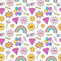 Bright seamless pattern in the style of the 90s. Colorful rainbows, diamonds, smile faces, stars on checkered background. Nostalgia for the 1990s. Funny cool print. vector