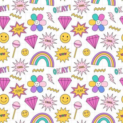 Bright seamless pattern in the style of the 90s. Colorful rainbows, diamonds, smile faces, stars on checkered background. Nostalgia for the 1990s. Funny cool print.