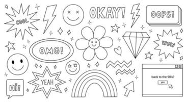 A set with graphic elements of the 90s. Smiling faces icons, lightnings, diamonds, stars and speech bubbles with the text Yeah, Oops, Cool, Wow. Vector hand-drawn illustration in doodle style.