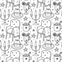 Festive seamless pattern with Christmas pudding, cocoa with marshmallows, mulled wine, candles and a cozy armchair. Vector hand-drawn doodle illustration. Perfect for wrapping paper, decoration, print