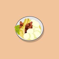 lontong, rice cake with chicken thighs and rendang, indonesian traditional food vector