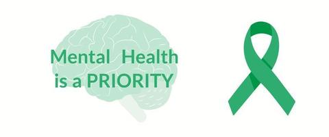 Mental Health is Priority Green Ribbon Vector Banner Psychological Wellness