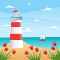 Lighthouse on the beach of the seashore. Spring, summer landscape. Vector flat illustration with gradients.