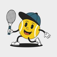 Retro tennis ball mascot in cap with racket. Funny cartoon character. Trendy isolated vector illustration.