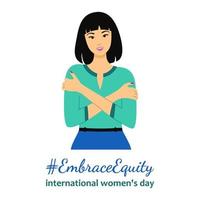 Embrace Equity is theme of International Women's Day 8 march 2023.  Asian woman hugs herself. Great for poster, banner, flyer, card, web, social media, mobile app. Vector illustration