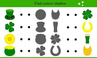 Find Correct Shadow for St. Patrick's Day Elements. Educational Game for Children vector