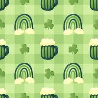 Green beer mug, clover and rainbow. Seamless pattern. Cute flat style. St. Patricks day. Irish charm. Checkered background. vector