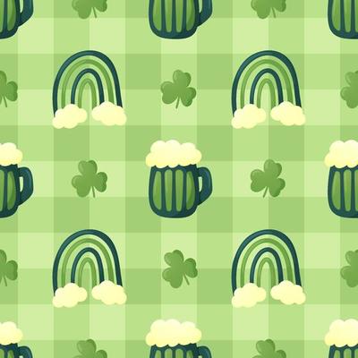 Green beer mug, clover and rainbow. Seamless pattern. Cute flat style. St. Patricks day. Irish charm. Checkered background.