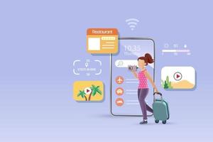 Online travel, trip and tourist concept. Woman backpacker holding camera, carrying luggage enjoy her trip with online smart information on mobile app. 3D vector. vector