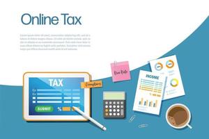 Online income tax filing submitted on smart tablet with documents on working desk top view. Tax time reminder. vector illustration.