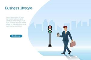Businessman holding briefcase and coffee cup walking to work, city buildings background. Business lifestyle, Professional management character. Success and achievement. vector