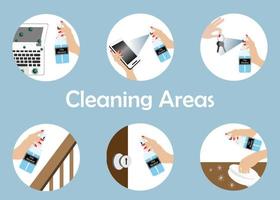 Infographics of sanitize cleaning areas for alcohol spraying on computer phone, key, handrail, doorknob and table. Idea for hygiene cleaning for Covid19 corona virus protection and prevention. vector