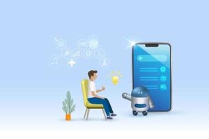 AI chat bot chatting with man provide smart solution idea on tablet. Artificial intelligence robot answer questions and generate smart refinement conversation. 3D vector. vector