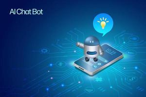 Ai chat bot on smartphone answer questions with smart solution idea. Artificial Intelligence robot communicate with human natural language provide smart solutions in varies categories. 3D vector. vector