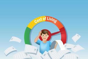 Frustrated man on pile of financial bills with cost of living scale at risk level. High cost of living, financial crisis and bill expense payment. vector