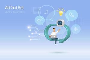 Man in question mark chatting with AI chat bot and giving smart solution. Artificial Intelligence robot communicate with human natural language provide smart solutions. 3D vector. vector