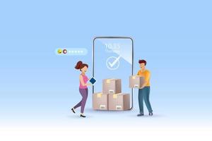 Online delivery service with success and excellent customer rating performance. Delivery man holding carton shipments with smart tracking technology and best delivery service performance. 3D Vector. vector