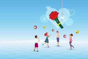 Romance scam, online dating phishing scam. Red roses bouquet with phishing hook on victim woman for fraud chatting. Cyber crime and threat on woman. vector