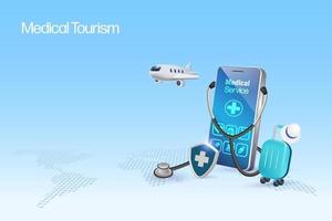 Medical tourism concept. Stethoscope on smartphone with airplane and luggage, symbol of tourist passenger flying for medical treatment and surgery service. 3D vector. vector