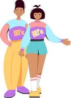 Fashion of the 90s. Flat black people in 90s clothes. Flat retro design of people and fashion of the 90s vector