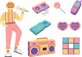 90s fashion. Set, collection of items in flat retro design. Redheaded cool man, cassette tape, tape recorder, tetris, rubik's cube, retro phone vector