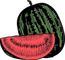 Hand drawn sketch style watermelon half and triangle cut composition. Vector illustration. Farm fresh fruit isolated on white background. Eco organic food poster.