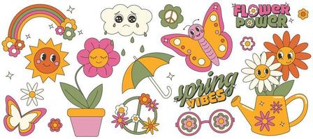 Y2k groovy spring sticker set. Retro floral spring aestetics. Cartoon characters in trendy retro 60s 70s style. vector