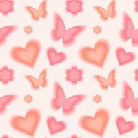 Trendy seamless pattern with y2k blurred gradient daisy flower, hearts and butterflies. Pastel color background. vector