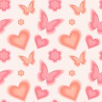 Trendy seamless pattern with y2k blurred gradient daisy flower, hearts and butterflies. Pastel color background. vector