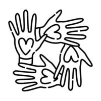 amistad y amor firmar, apretón de manos símbolo, vector negro línea ilustración de participación manos