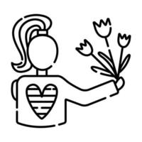 Woman with flowers, vector black line illustration