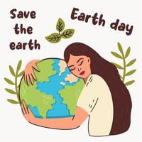 amante de la naturaleza del día mundial de la tierra, estilo de vida ecológico, niña abrazando el planeta tierra con el concepto de protección ambiental de energía ecológica verde, ilustración vectorial plana.