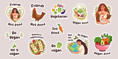 Ecology stickers. Green lifestyle. Eco and nature saving. Slogan and environment elements. Doodle style. Vegan eating. Stop pollution. Waste recycle. Vector Planet.