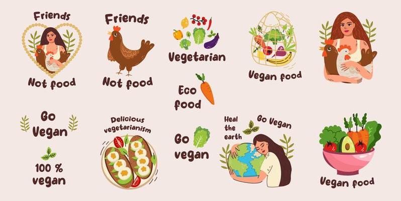 Ecology stickers. Green lifestyle. Eco and nature saving. Slogan and environment elements. Doodle style. Vegan eating. Stop pollution. Waste recycle. Vector Planet.