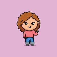 Cute beautiful curl brown hair woman grinning face fist up with jeans cartoon character illustration vector isolated