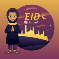 Eid Mubarak Muslim Boy Character  Celebrate with golden mosque vector illustration